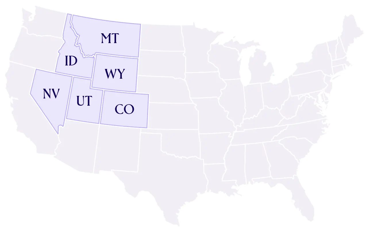 Illustration highlighting the US states where Intermountain Health serves - Utah, Idaho, Montana, Wyoming, Nevada, Colorado