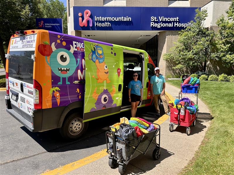 A truck of school supplies ready to be unloaded at St. Vincent Regional Hospital