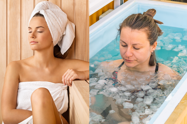 Woman in sauna on left and woman in ice bath on right