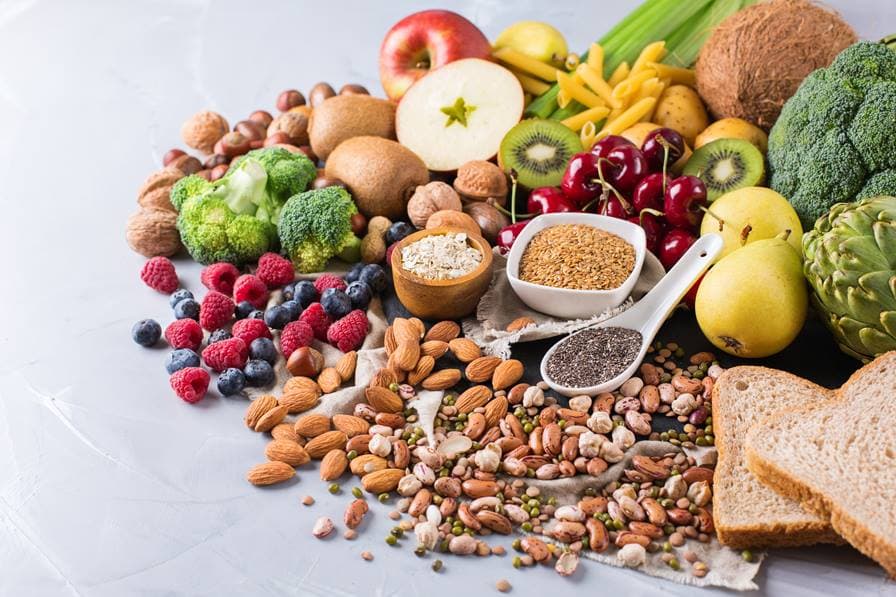 High fiber foods like grains and vegetables.